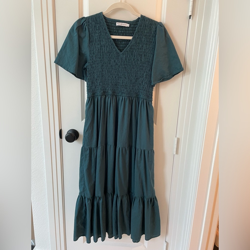 FEHRNVI Tayla Dress Teal Smocked Midi Dress